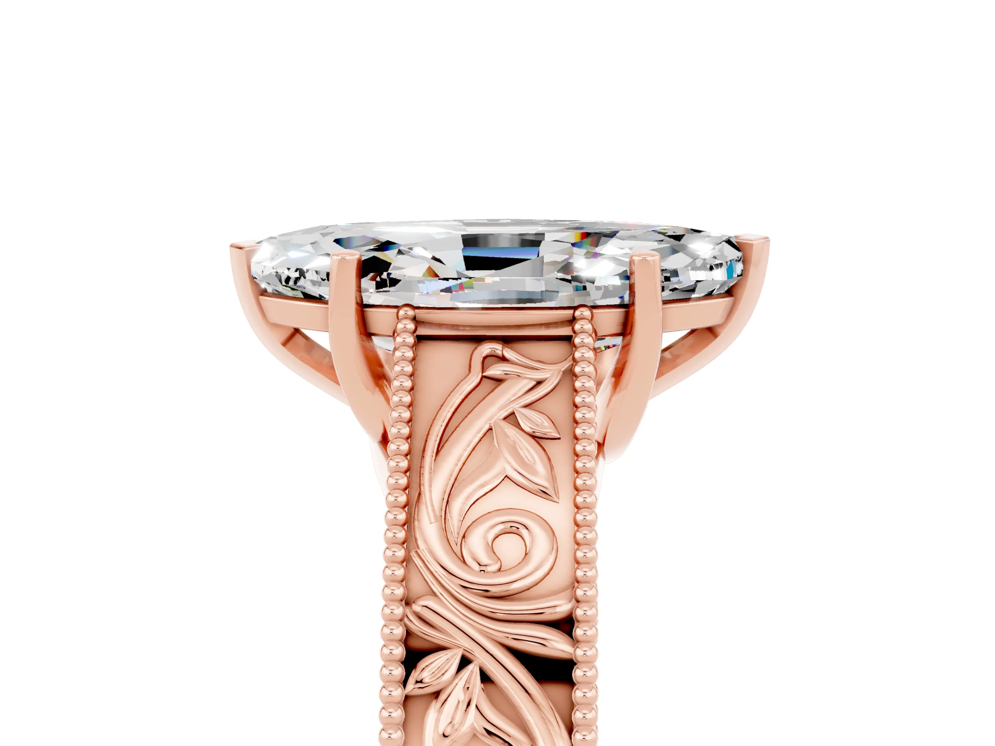 Rose gold Marquise Cut Moissanite Solitaire Ring with Engraved Band and Four-Prong Setting_5