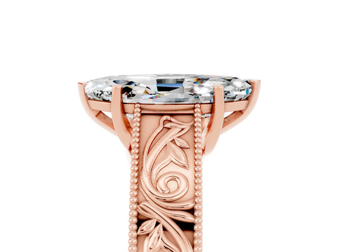 Rose gold Marquise Cut Moissanite Solitaire Ring with Engraved Band and Four-Prong Setting_5