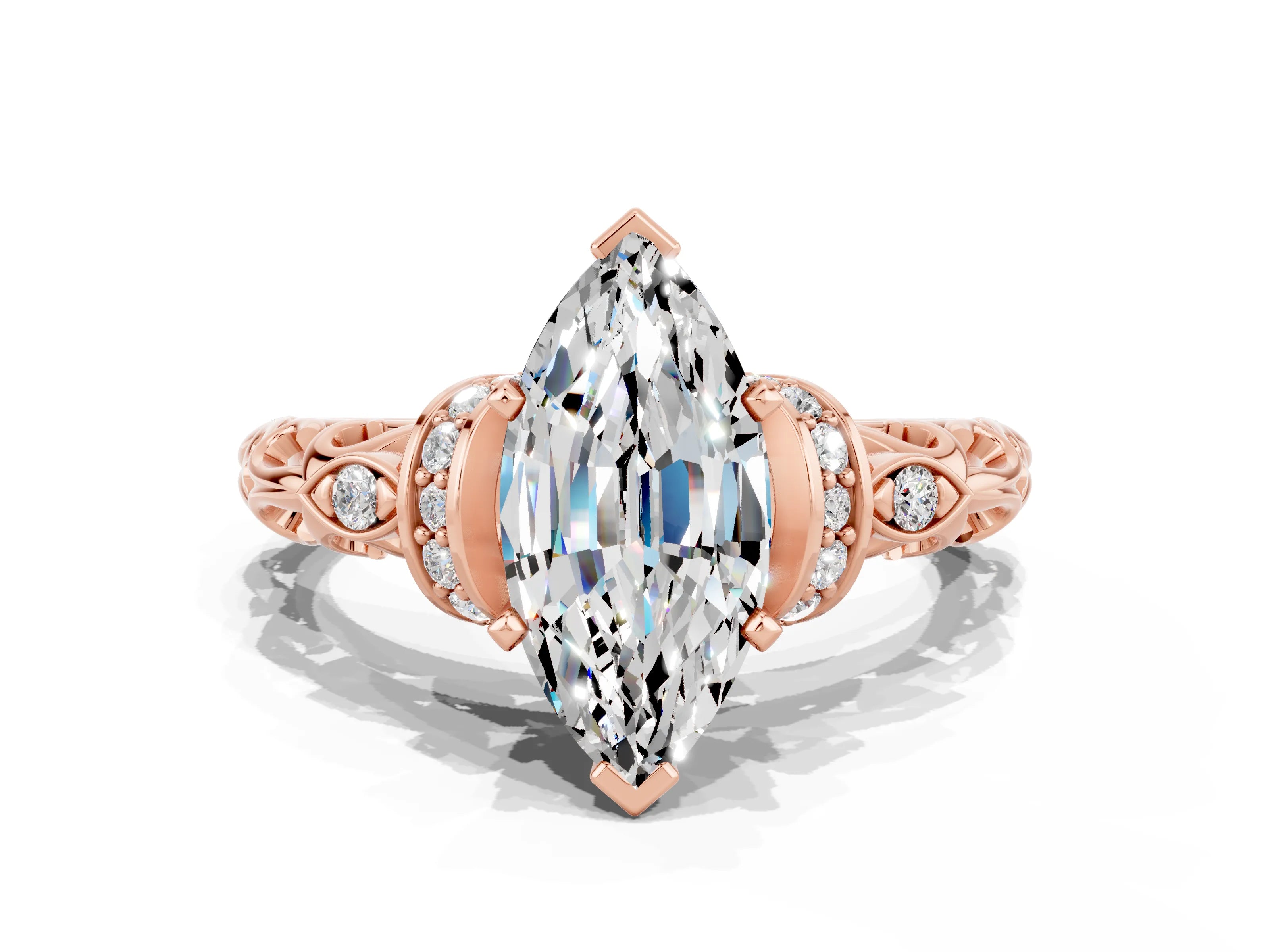 Rose gold Marquise Cut Moissanite Solitaire Ring with Filigree Band and Four-Prong Setting_24