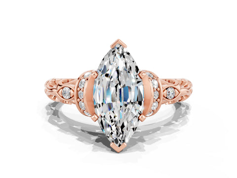 Rose gold Marquise Cut Moissanite Solitaire Ring with Filigree Band and Four-Prong Setting_24