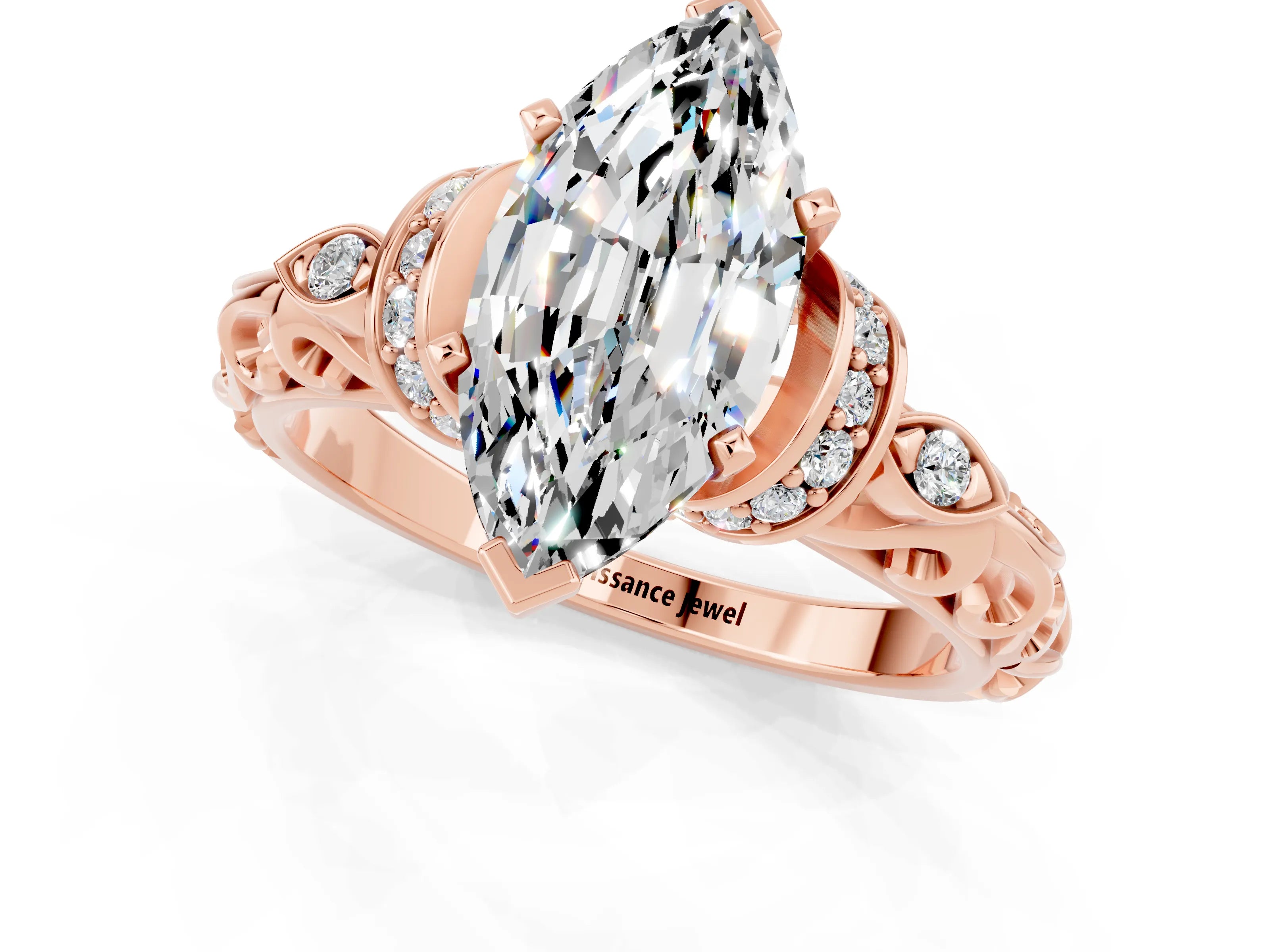 Rose gold Marquise Cut Moissanite Solitaire Ring with Filigree Band and Four-Prong Setting_25