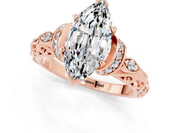 Rose gold Marquise Cut Moissanite Solitaire Ring with Filigree Band and Four-Prong Setting