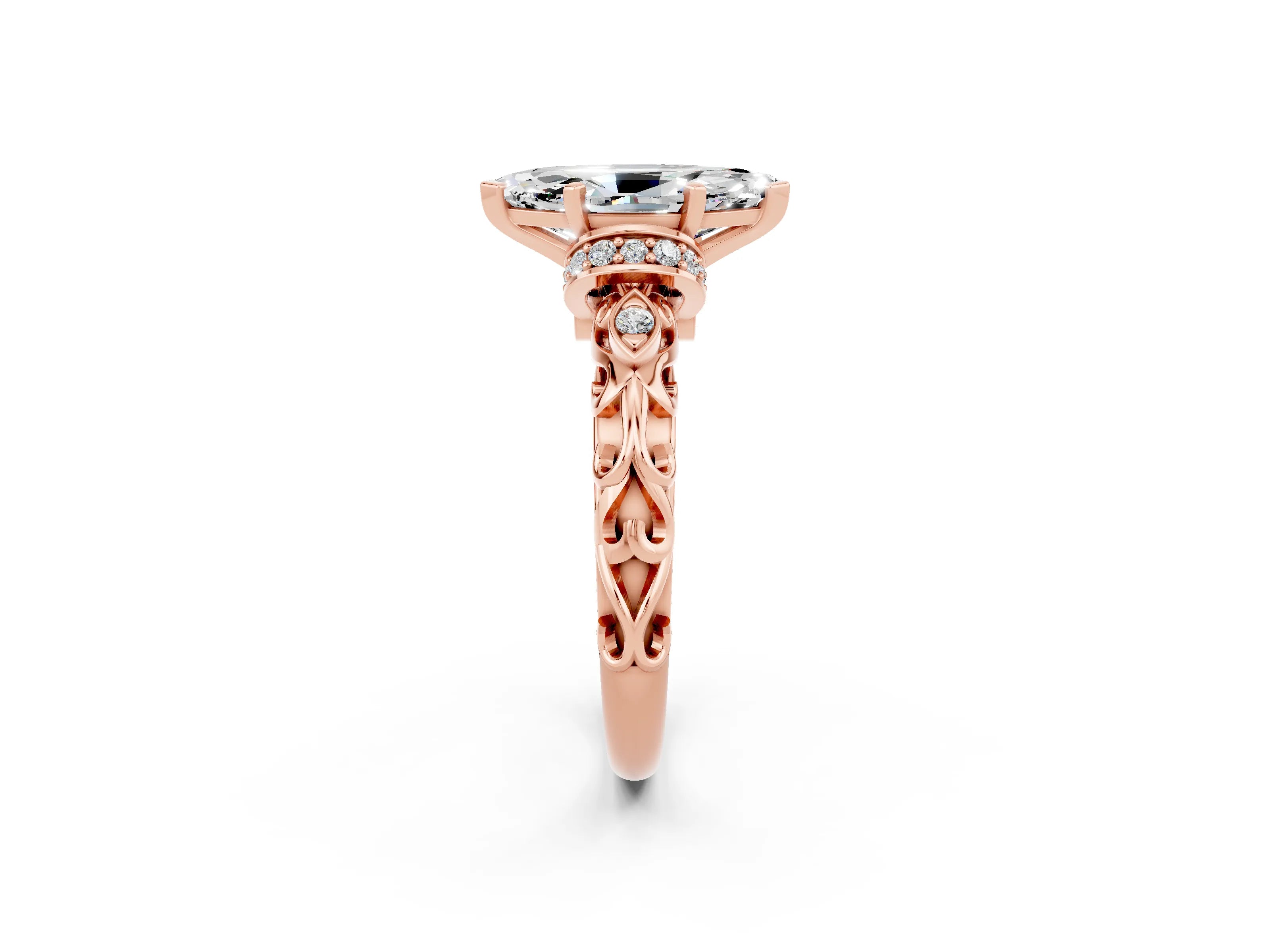Rose gold Marquise Cut Moissanite Solitaire Ring with Filigree Band and Four-Prong Setting_26