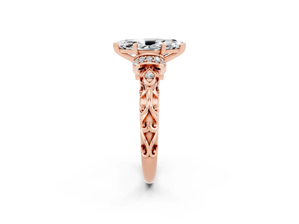 Rose gold Marquise Cut Moissanite Solitaire Ring with Filigree Band and Four-Prong Setting