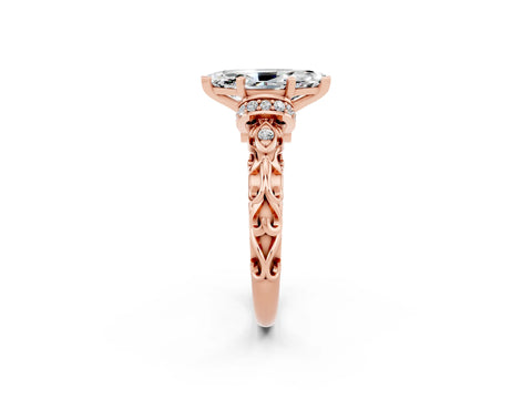 Rose gold Marquise Cut Moissanite Solitaire Ring with Filigree Band and Four-Prong Setting_26