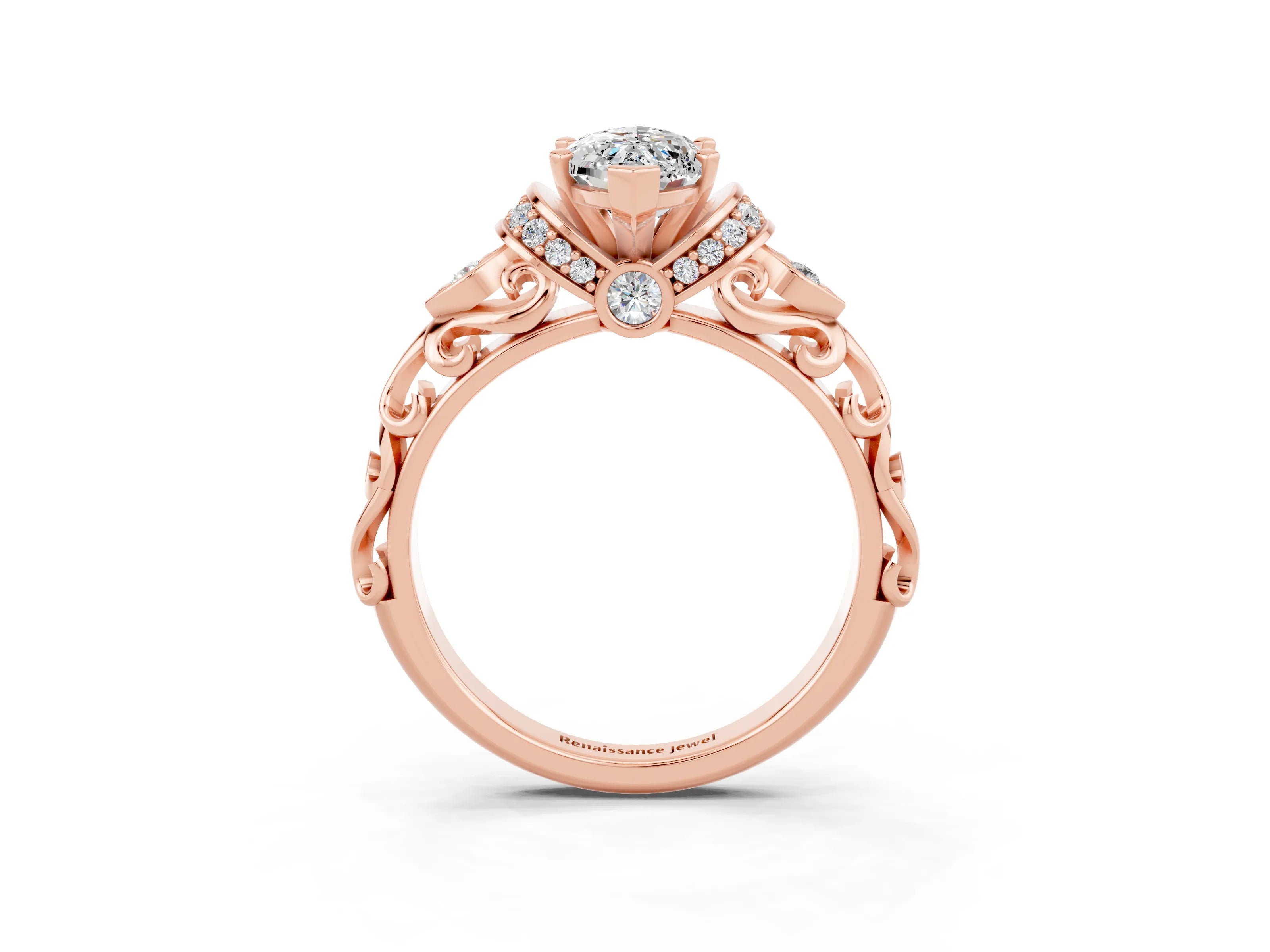 Rose gold Marquise Cut Moissanite Solitaire Ring with Filigree Band and Four-Prong Setting_27