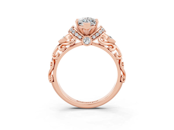 Rose gold Marquise Cut Moissanite Solitaire Ring with Filigree Band and Four-Prong Setting