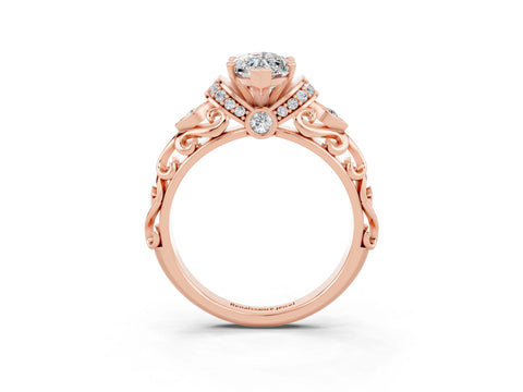 Rose gold Marquise Cut Moissanite Solitaire Ring with Filigree Band and Four-Prong Setting_27