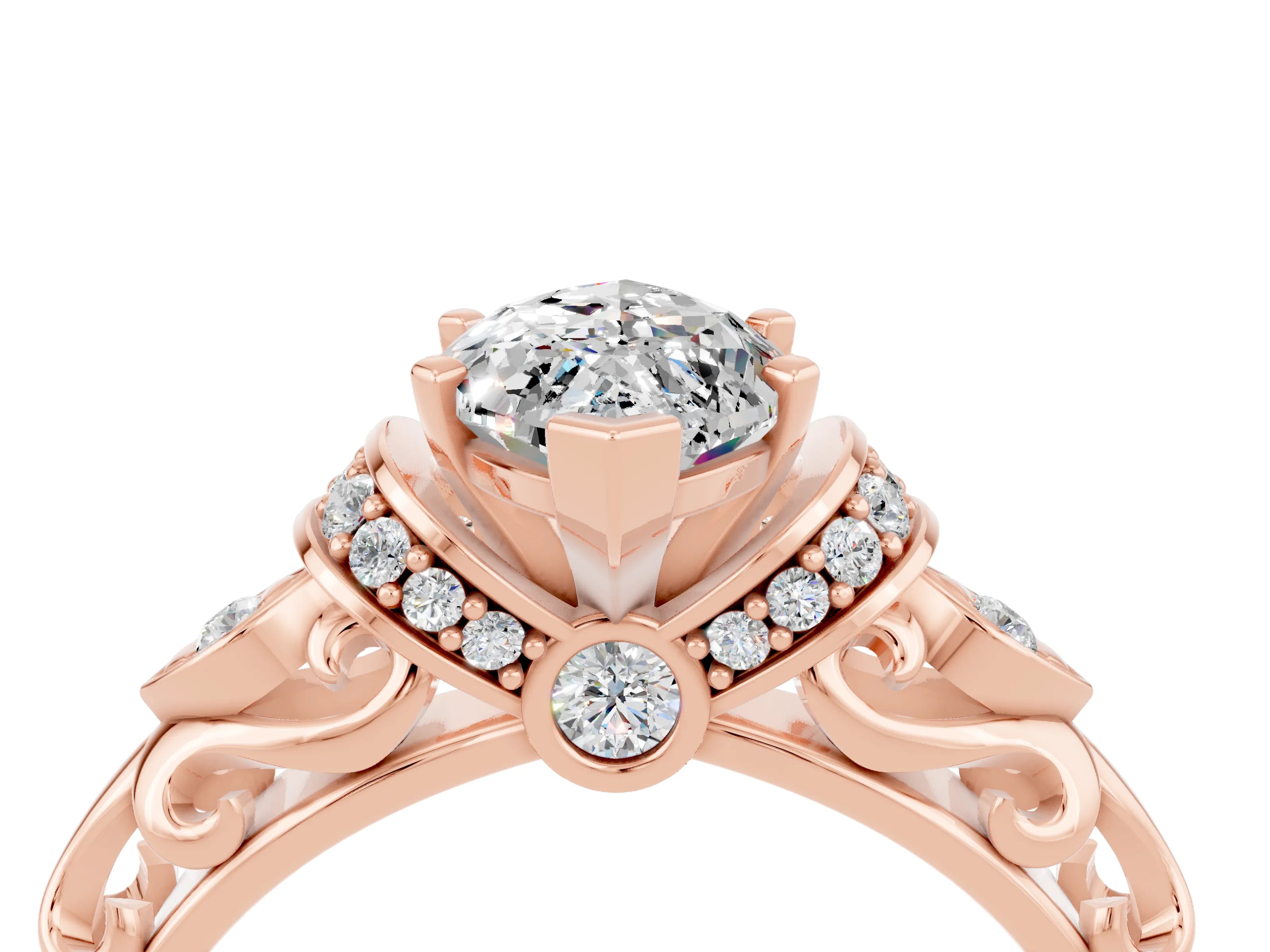 Rose gold Marquise Cut Moissanite Solitaire Ring with Filigree Band and Four-Prong Setting_28
