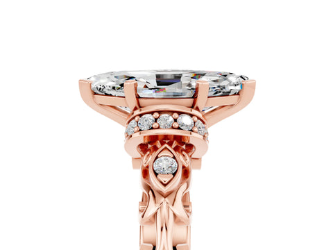 Rose gold Marquise Cut Moissanite Solitaire Ring with Filigree Band and Four-Prong Setting_29