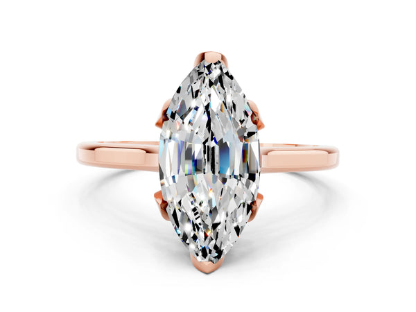 Rose gold Marquise Cut Moissanite Solitaire Ring with Flower Prong Setting and Classic Band