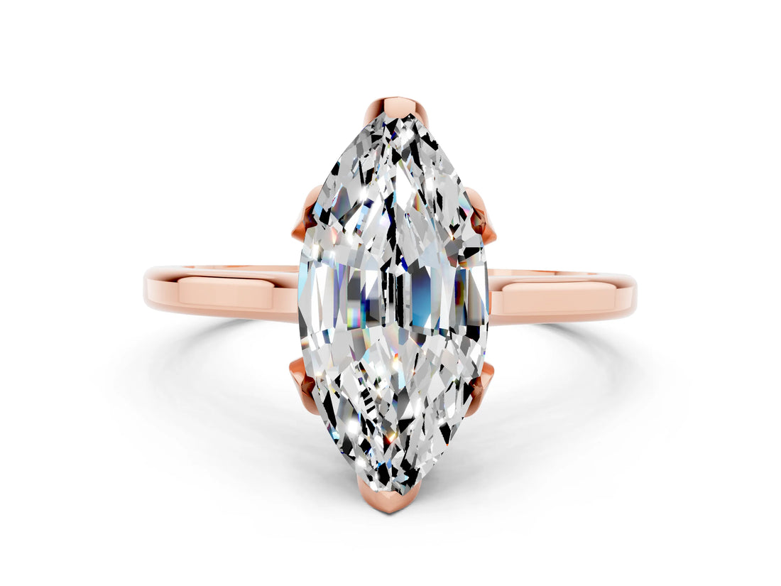 Rose gold Marquise Cut Moissanite Solitaire Ring with Flower Prong Setting and Classic Band_36