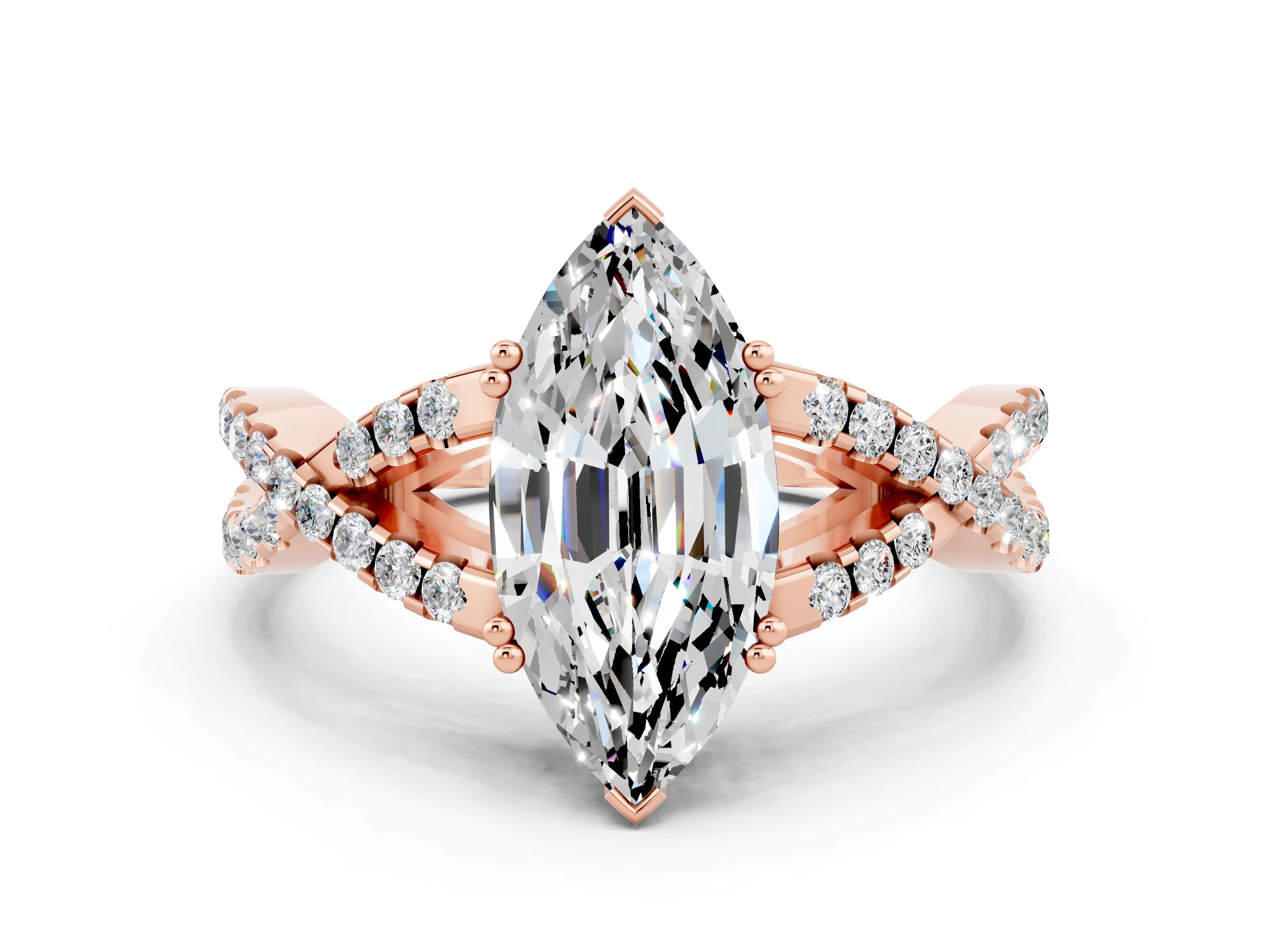 Rose gold Marquise Cut Moissanite Solitaire Ring with Four-Prong Setting and Twisted Pavé Band