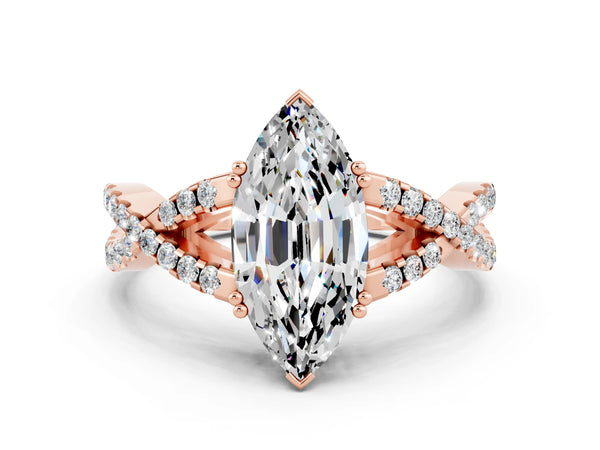 Rose gold Marquise Cut Moissanite Solitaire Ring with Four-Prong Setting and Twisted Pavé Band