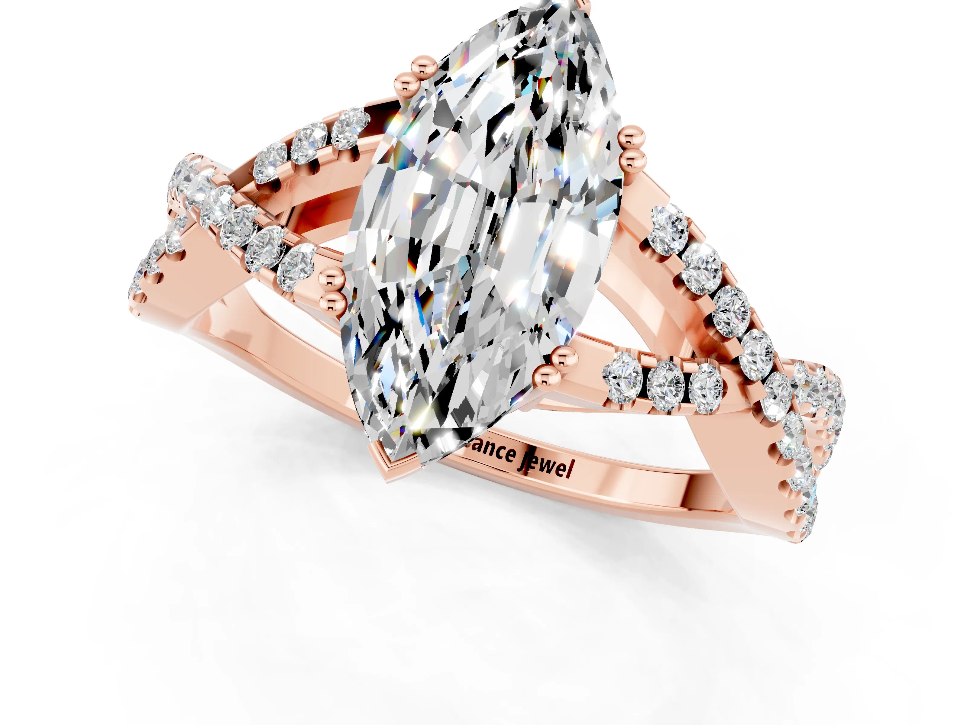 Rose gold Marquise Cut Moissanite Solitaire Ring with Four-Prong Setting and Twisted Pavé Band_1