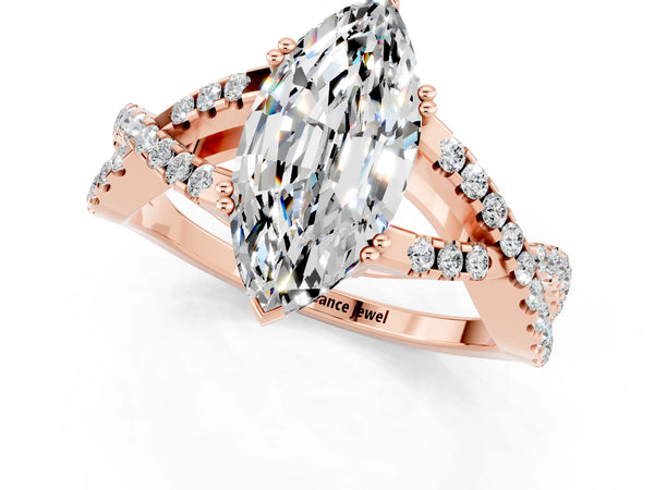Rose gold Marquise Cut Moissanite Solitaire Ring with Four-Prong Setting and Twisted Pavé Band