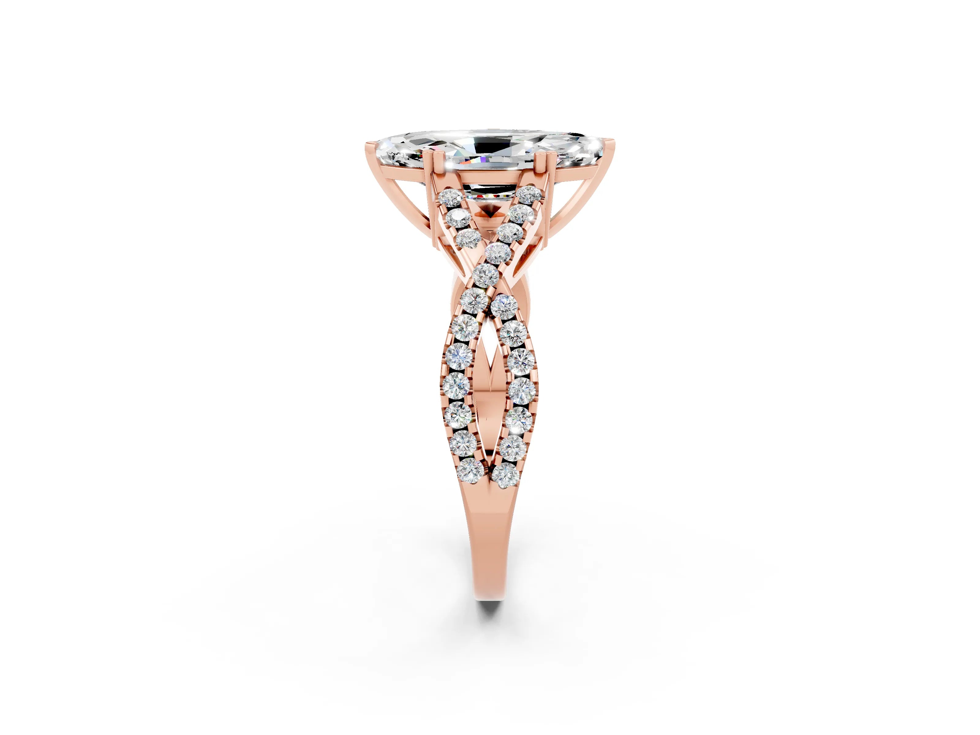 Rose gold Marquise Cut Moissanite Solitaire Ring with Four-Prong Setting and Twisted Pavé Band_2