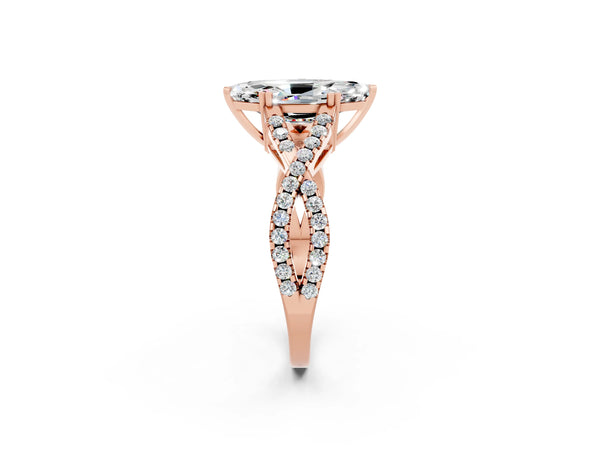 Rose gold Marquise Cut Moissanite Solitaire Ring with Four-Prong Setting and Twisted Pavé Band