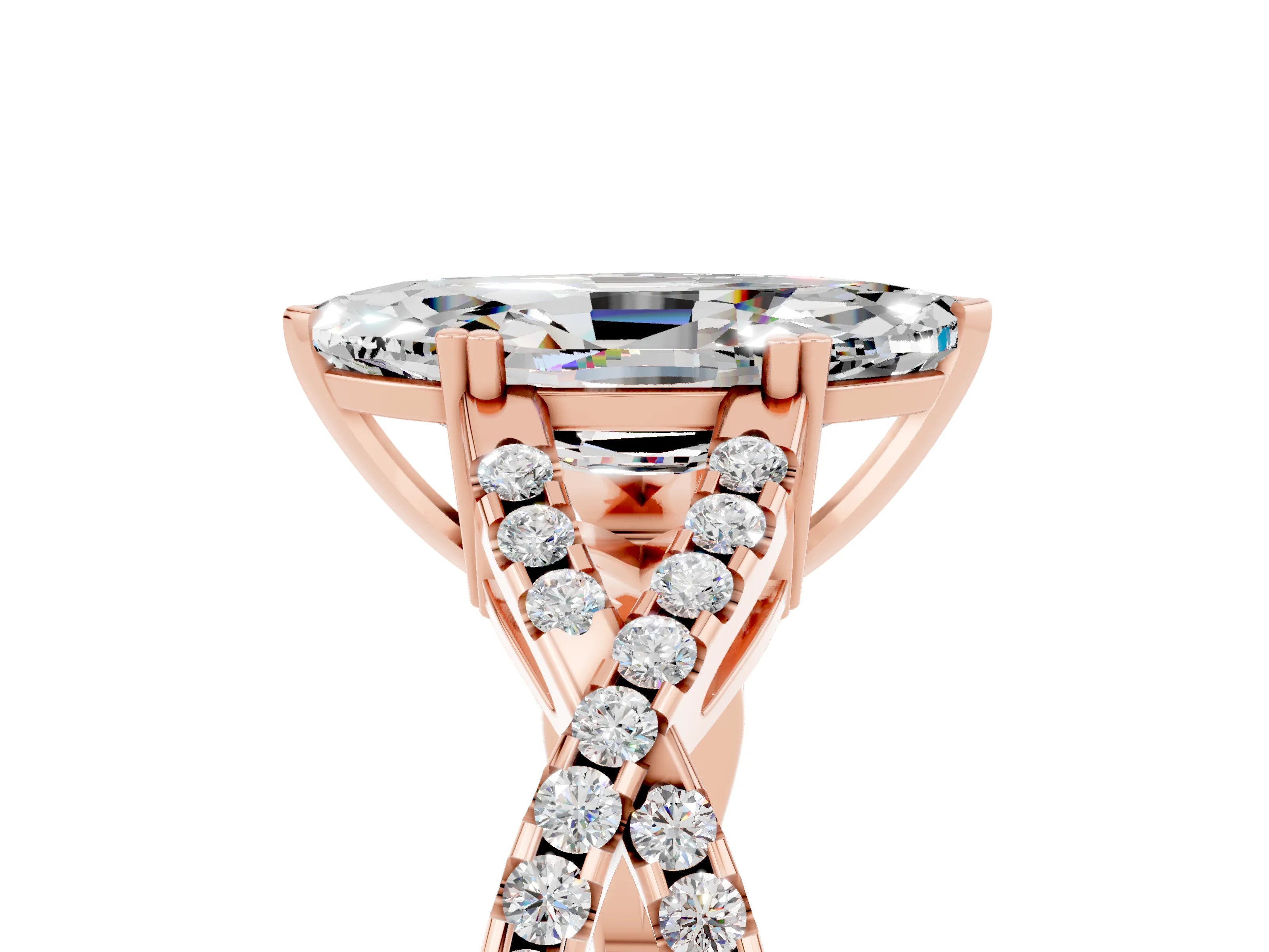 Rose gold Marquise Cut Moissanite Solitaire Ring with Four-Prong Setting and Twisted Pavé Band_5