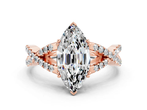 Rose gold Marquise Cut Moissanite Solitaire Ring with Four-Prong Setting and Twisted Pavé Band