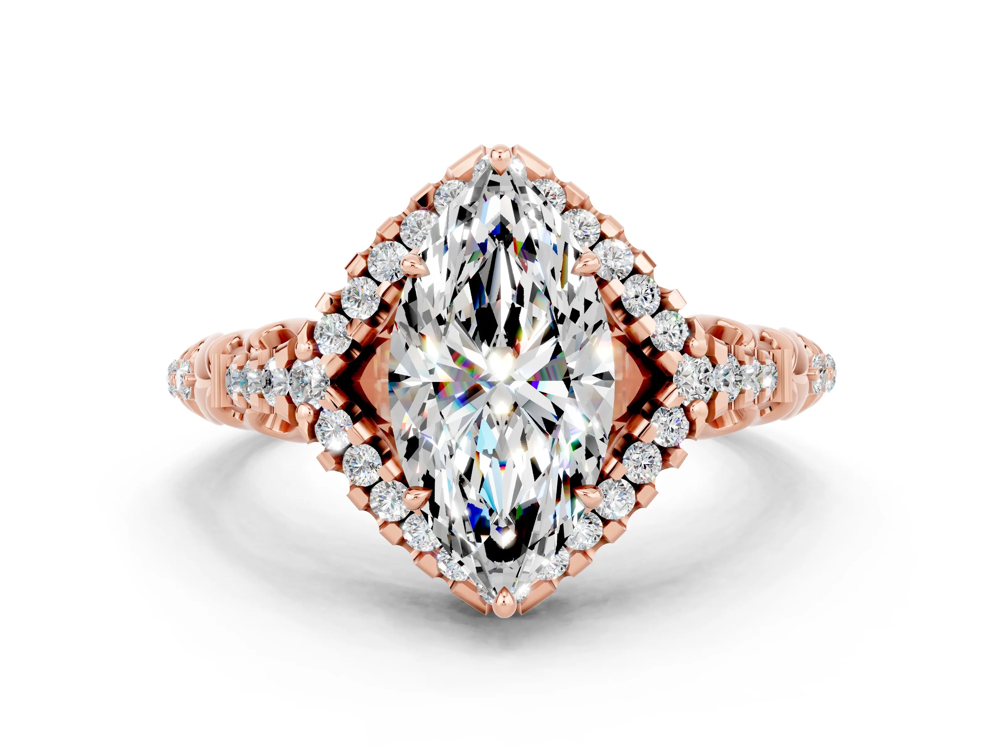 Rose gold Marquise Cut Moissanite Solitaire Ring with Hidden Halo and Pavé Band_12