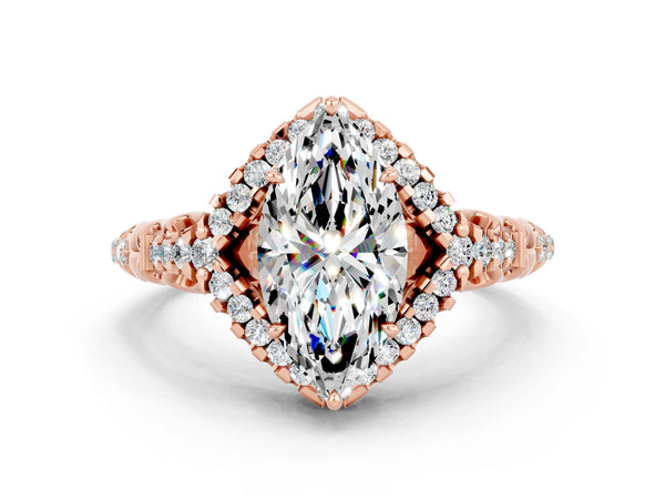 Rose gold Marquise Cut Moissanite Solitaire Ring with Hidden Halo and Pavé Band