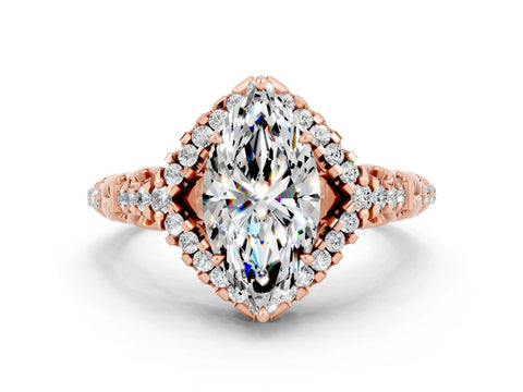 Rose gold Marquise Cut Moissanite Solitaire Ring with Hidden Halo and Pavé Band_12