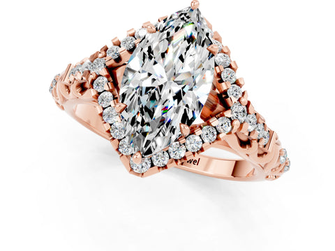 Rose gold Marquise Cut Moissanite Solitaire Ring with Hidden Halo and Pavé Band_13