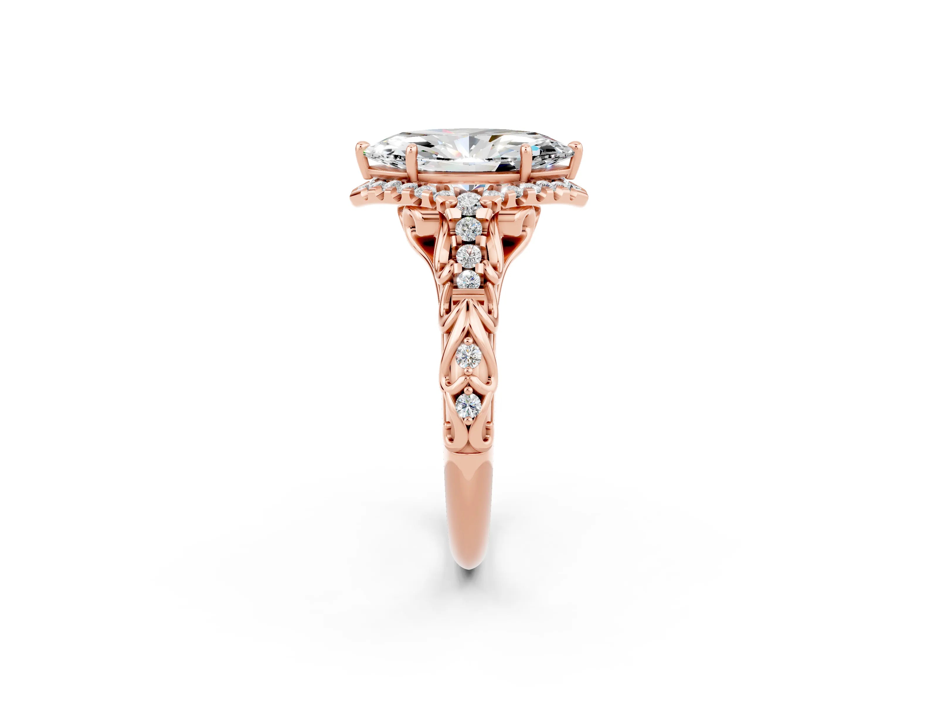 Rose gold Marquise Cut Moissanite Solitaire Ring with Hidden Halo and Pavé Band_14