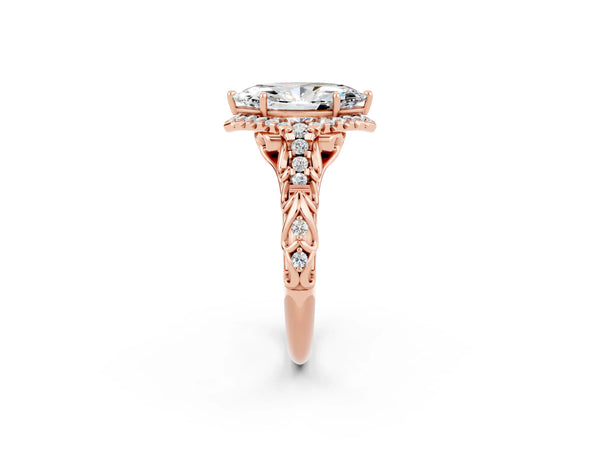Rose gold Marquise Cut Moissanite Solitaire Ring with Hidden Halo and Pavé Band