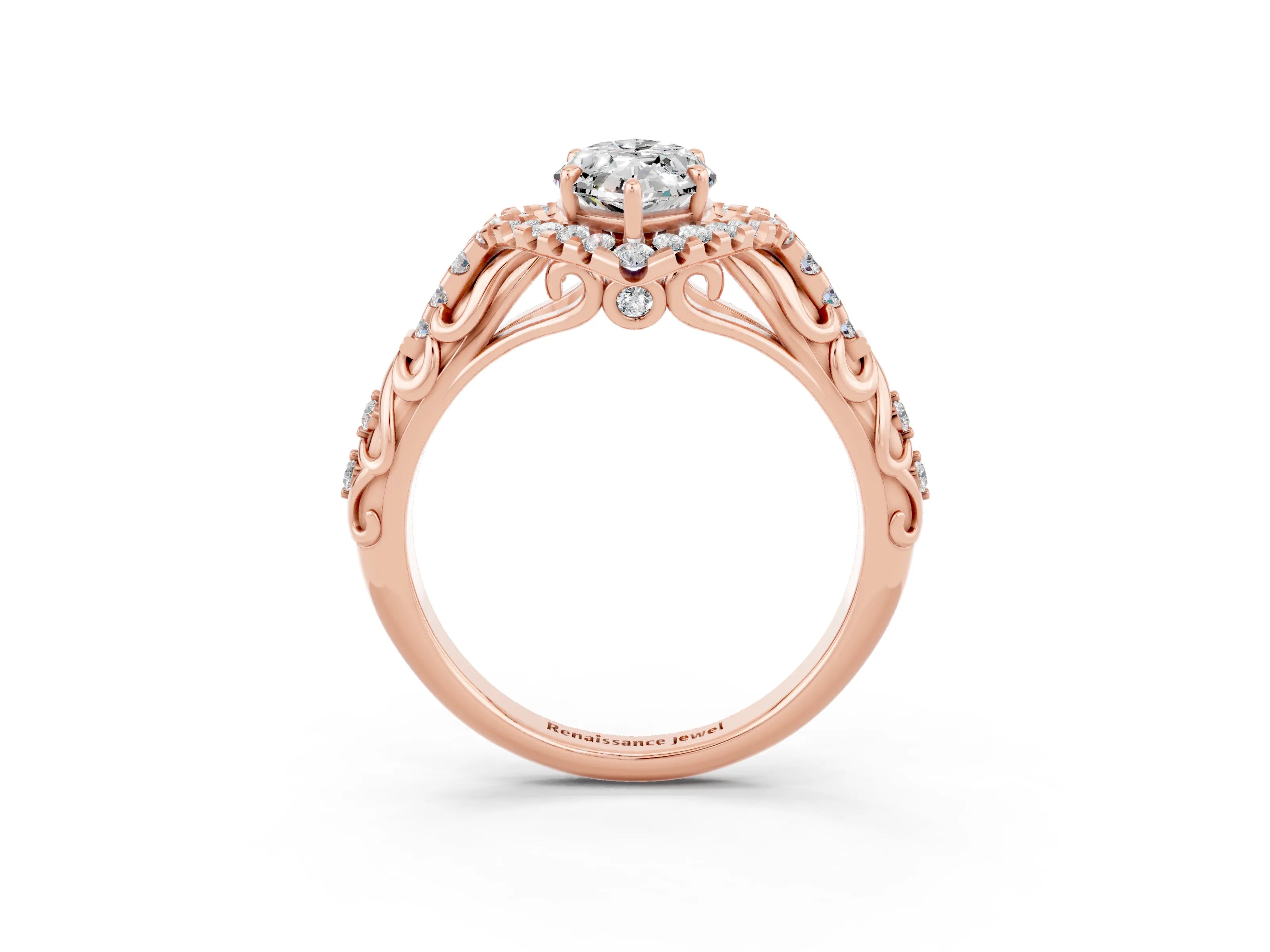 Rose gold Marquise Cut Moissanite Solitaire Ring with Hidden Halo and Pavé Band_15