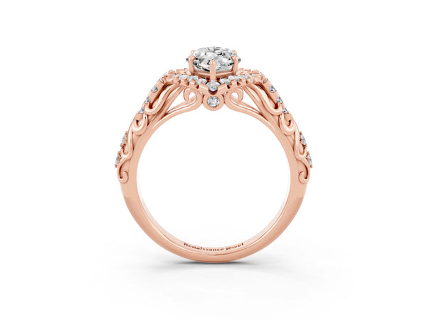 Rose gold Marquise Cut Moissanite Solitaire Ring with Hidden Halo and Pavé Band