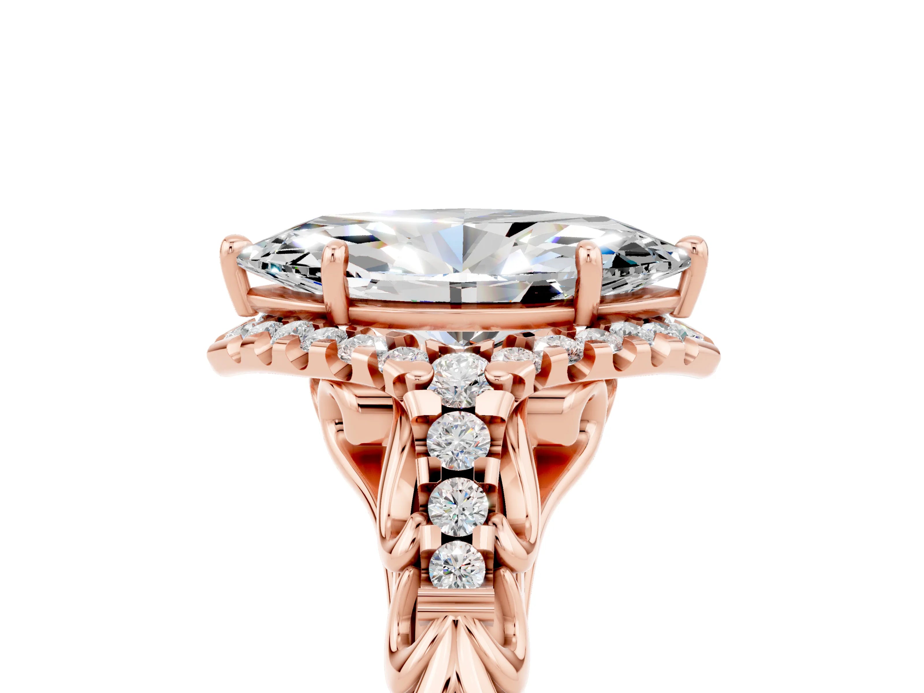 Rose gold Marquise Cut Moissanite Solitaire Ring with Hidden Halo and Pavé Band_17