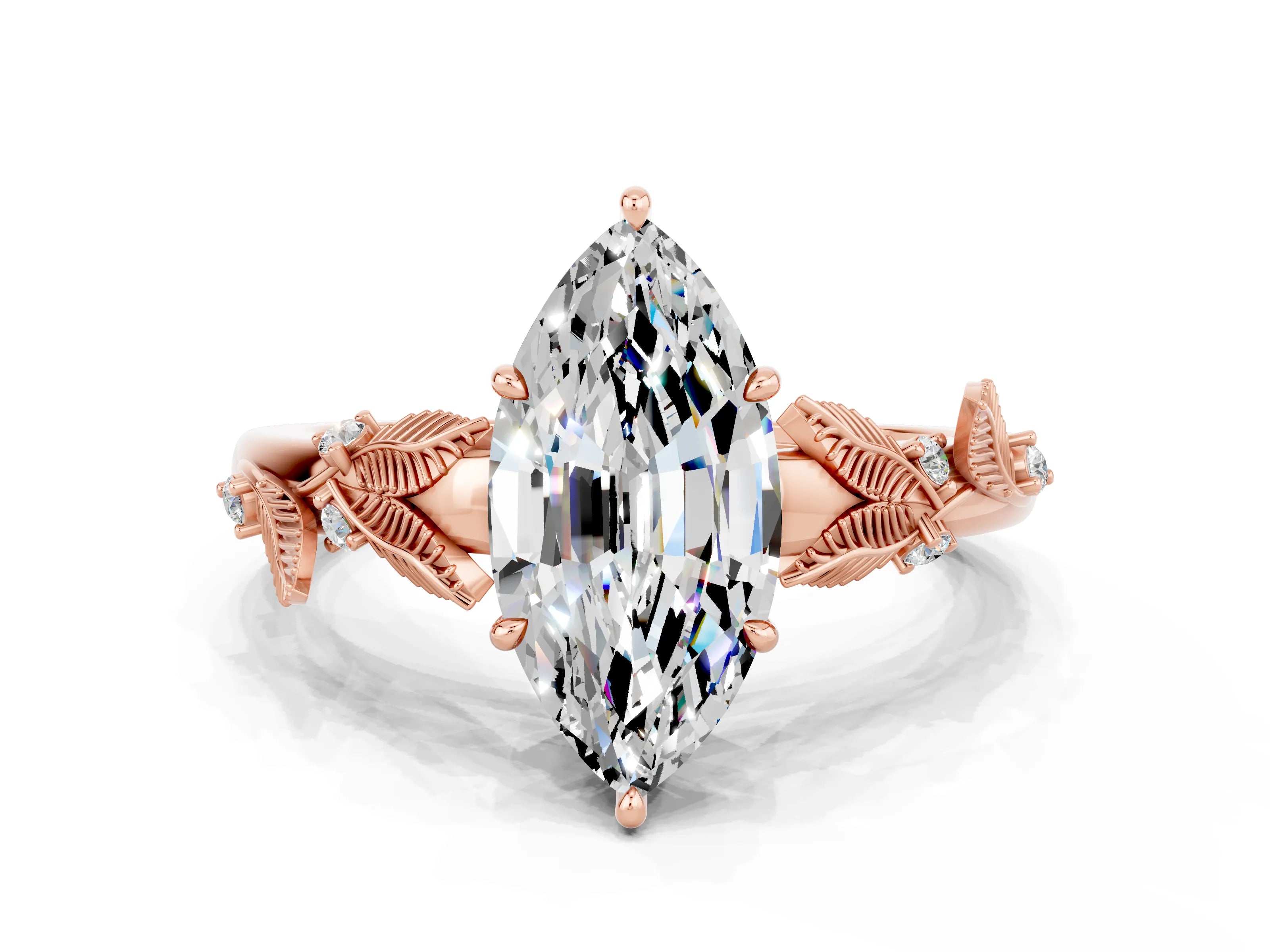 Rose gold Marquise Cut Moissanite Solitaire Ring with Leaf Motif Band and Four-Prong Setting