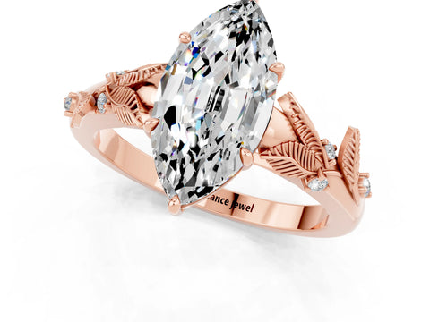 Rose gold Marquise Cut Moissanite Solitaire Ring with Leaf Motif Band and Four-Prong Setting_1