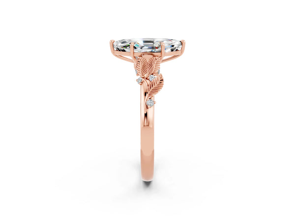 Rose gold Marquise Cut Moissanite Solitaire Ring with Leaf Motif Band and Four-Prong Setting