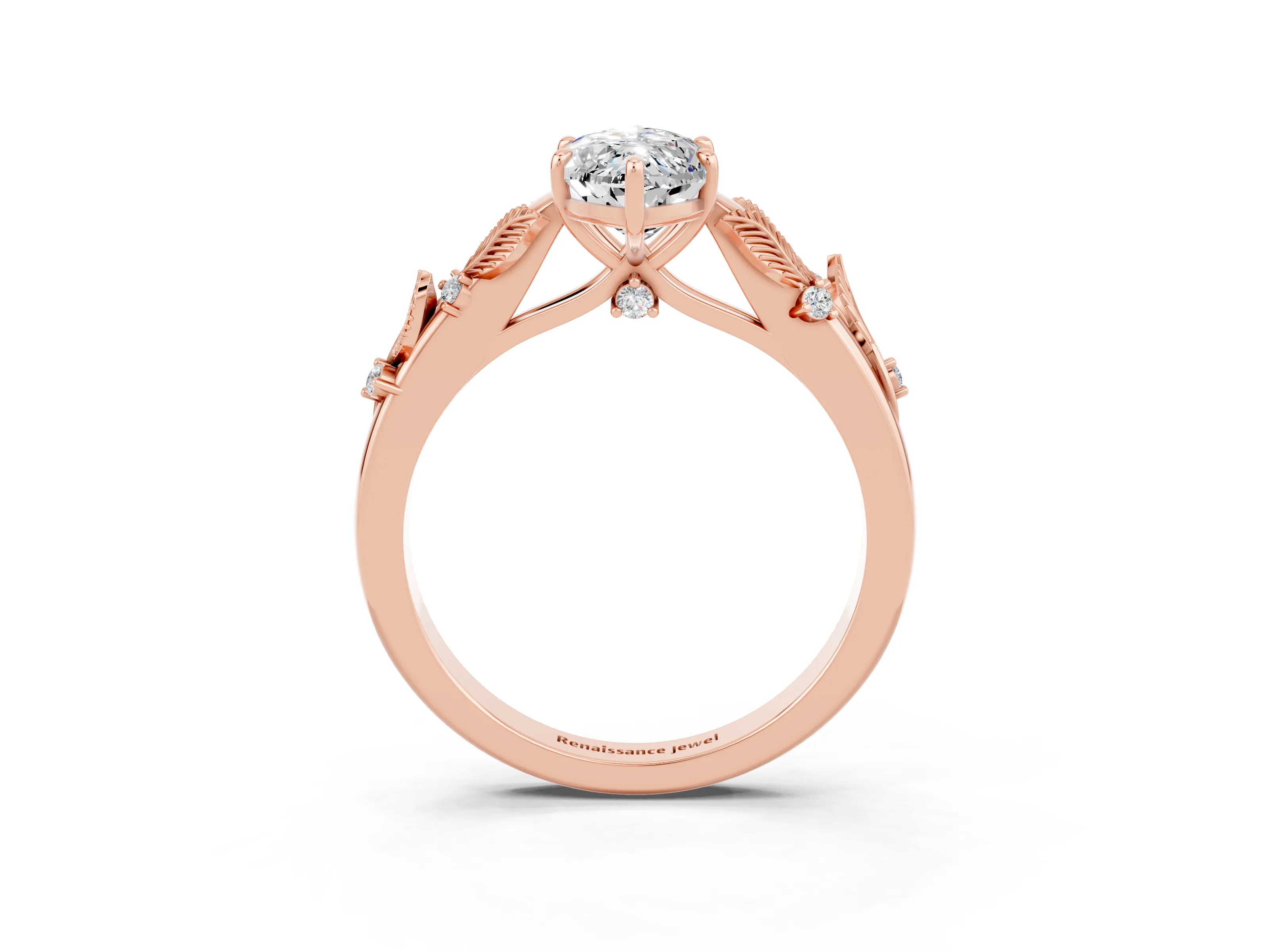 Rose gold Marquise Cut Moissanite Solitaire Ring with Leaf Motif Band and Four-Prong Setting_3