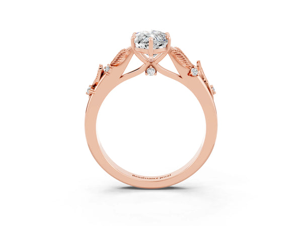 Rose gold Marquise Cut Moissanite Solitaire Ring with Leaf Motif Band and Four-Prong Setting