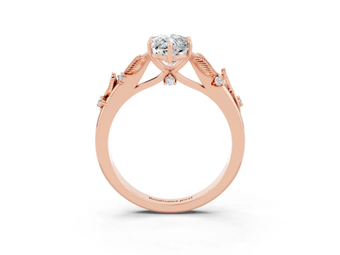Rose gold Marquise Cut Moissanite Solitaire Ring with Leaf Motif Band and Four-Prong Setting_3