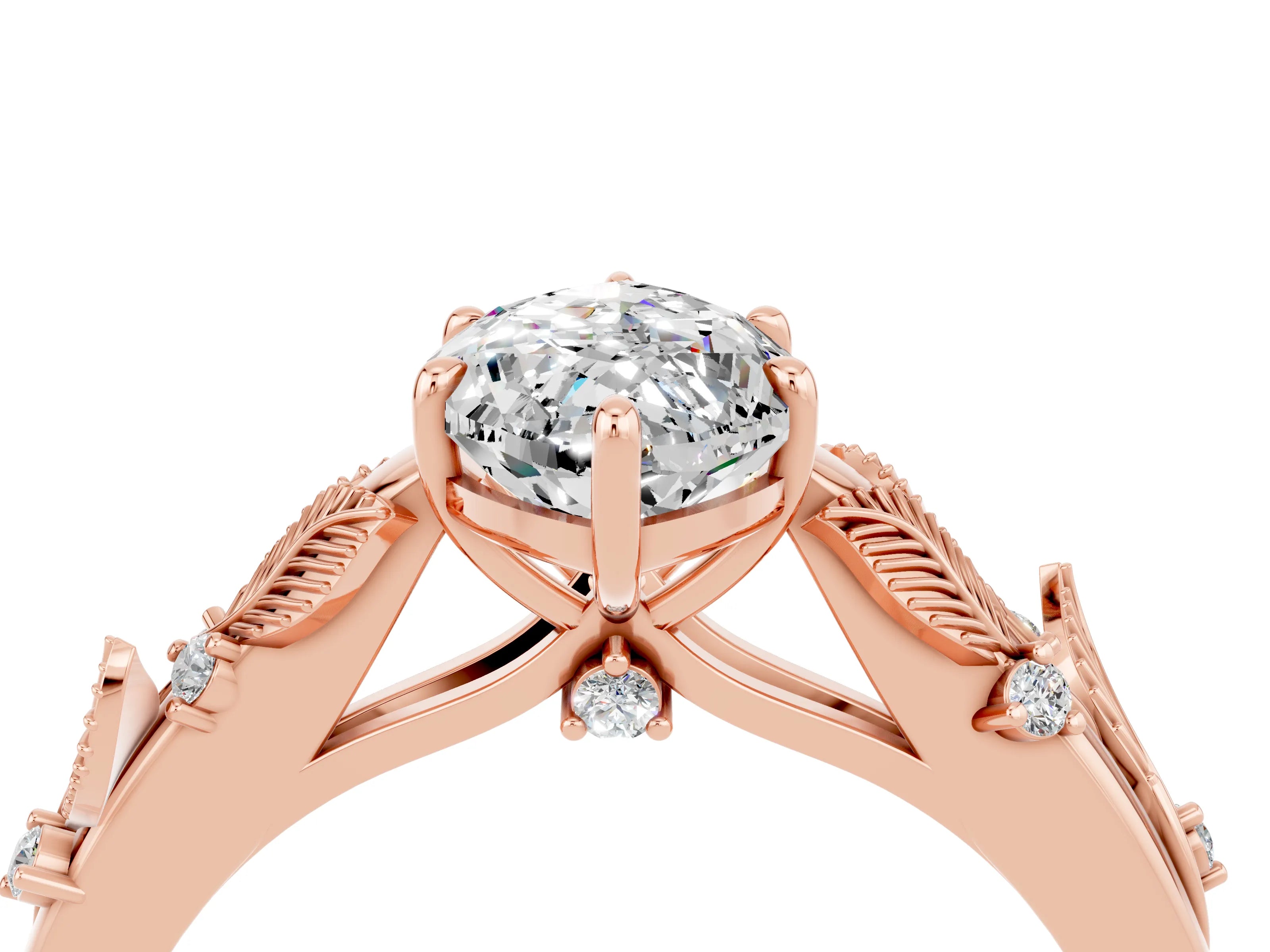 Rose gold Marquise Cut Moissanite Solitaire Ring with Leaf Motif Band and Four-Prong Setting_4