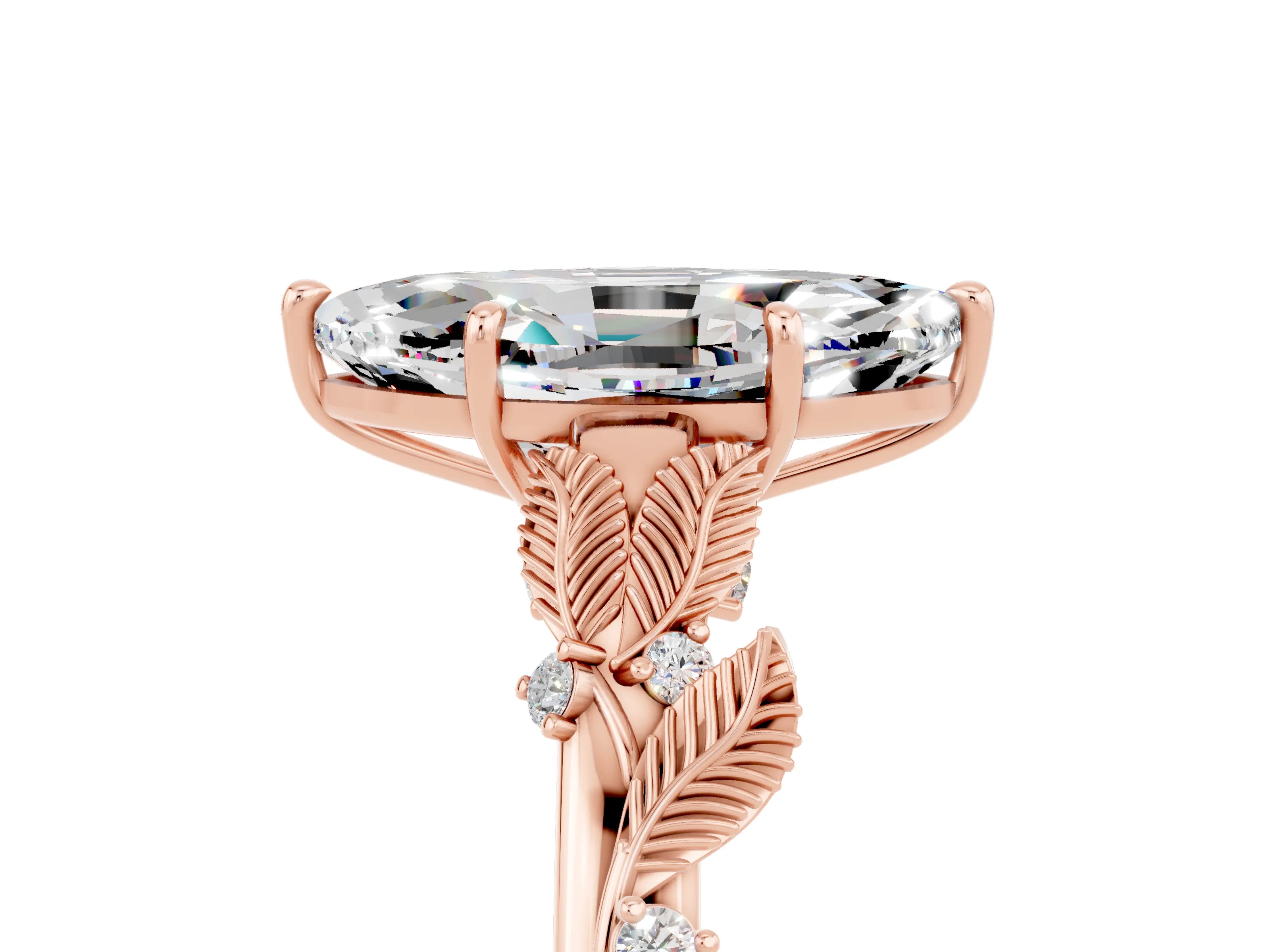 Rose gold Marquise Cut Moissanite Solitaire Ring with Leaf Motif Band and Four-Prong Setting_5