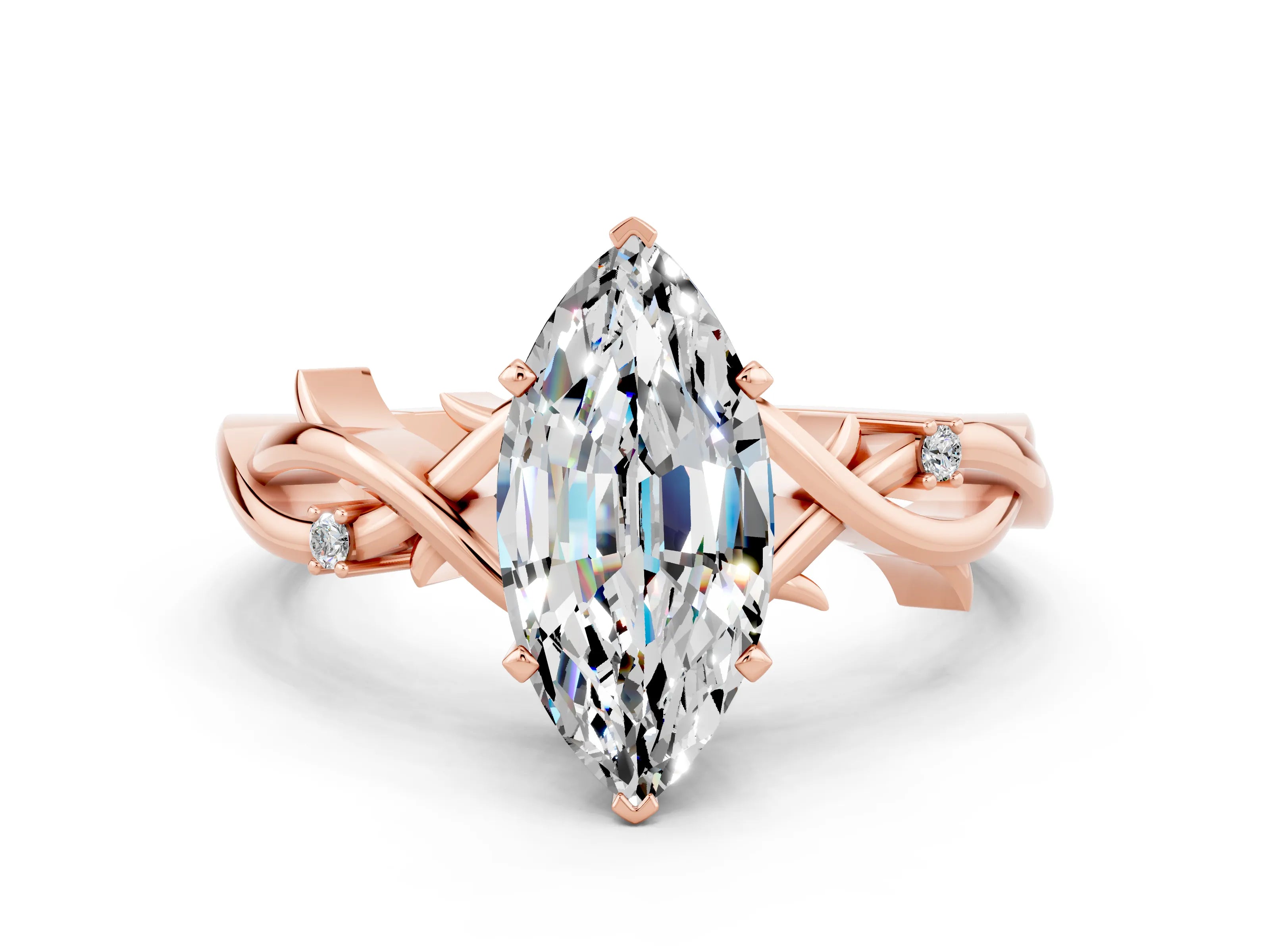 Rose gold Marquise Cut Moissanite Solitaire Ring with Milgrain Pavé Band and Four-Prong Setting_12