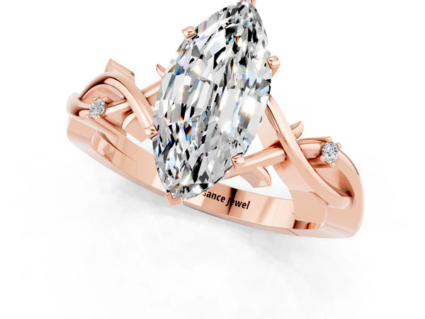 Rose gold Marquise Cut Moissanite Solitaire Ring with Milgrain Pavé Band and Four-Prong Setting