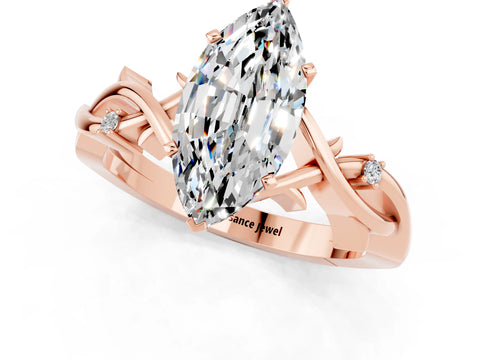 Rose gold Marquise Cut Moissanite Solitaire Ring with Milgrain Pavé Band and Four-Prong Setting_13