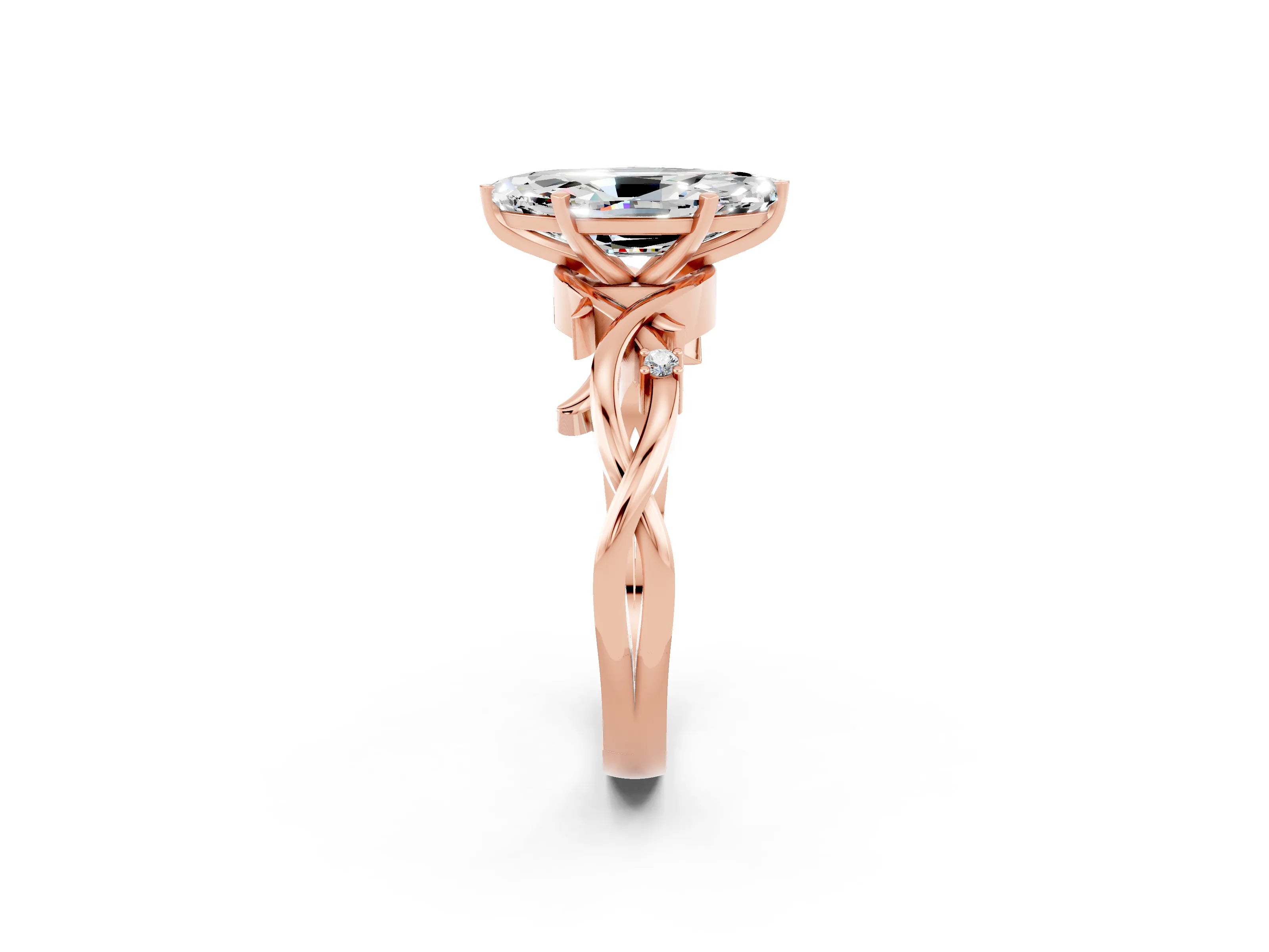 Rose gold Marquise Cut Moissanite Solitaire Ring with Milgrain Pavé Band and Four-Prong Setting_14