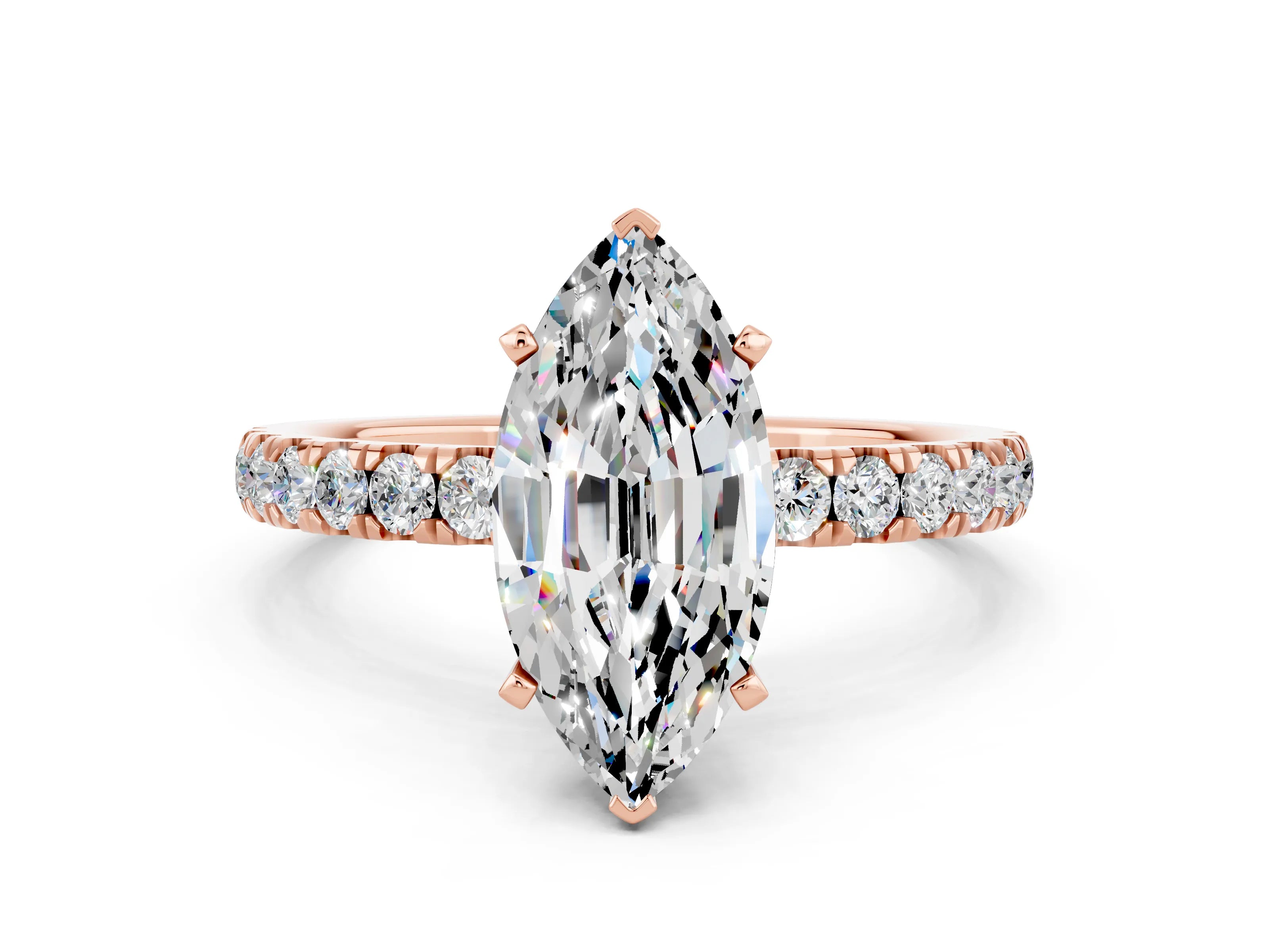 Rose gold Marquise Cut Moissanite Solitaire Ring with Pavé Accents and Four-Prong Setting