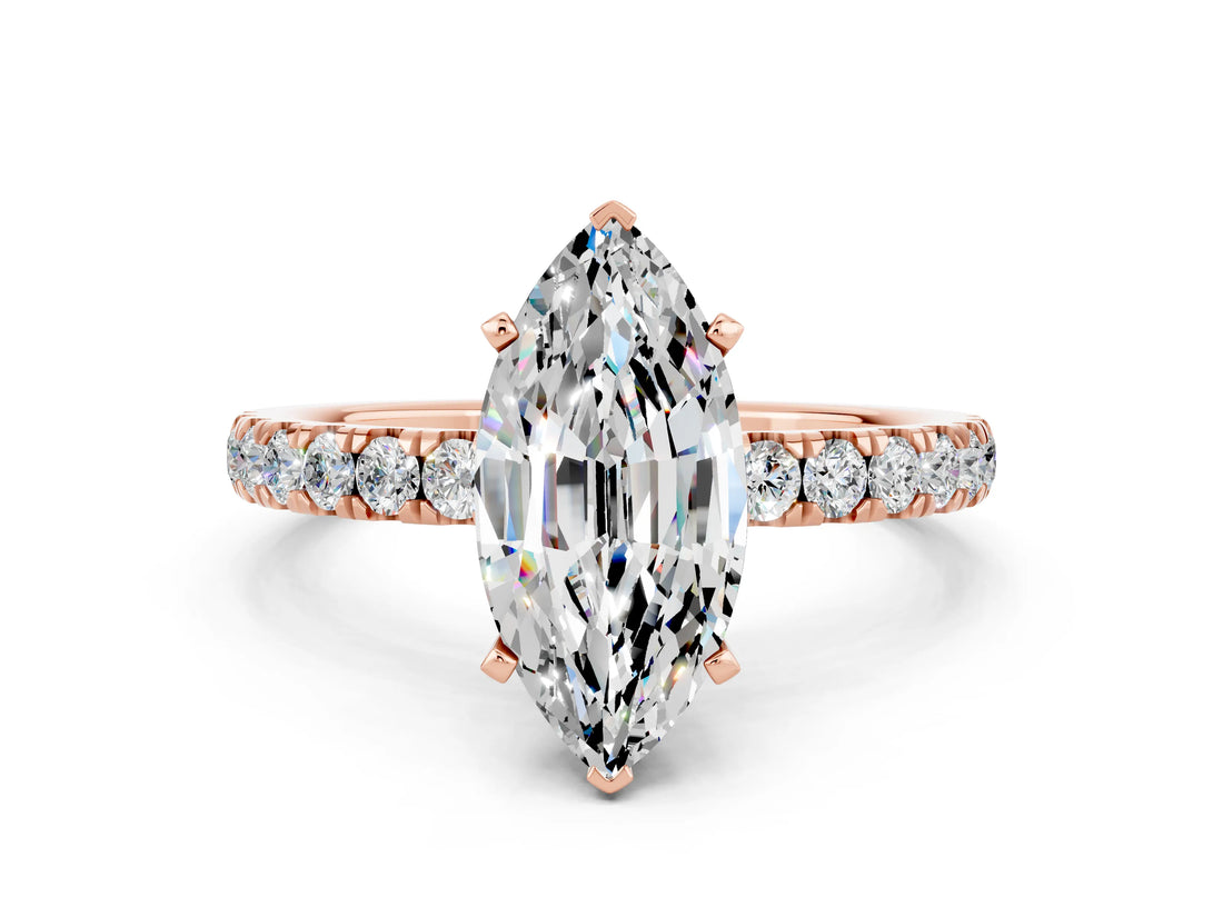 Rose gold Marquise Cut Moissanite Solitaire Ring with Pavé Accents and Four-Prong Setting