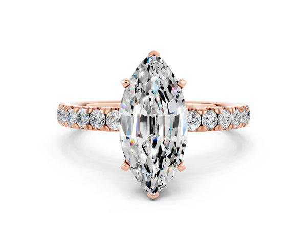 Rose gold Marquise Cut Moissanite Solitaire Ring with Pavé Accents and Four-Prong Setting