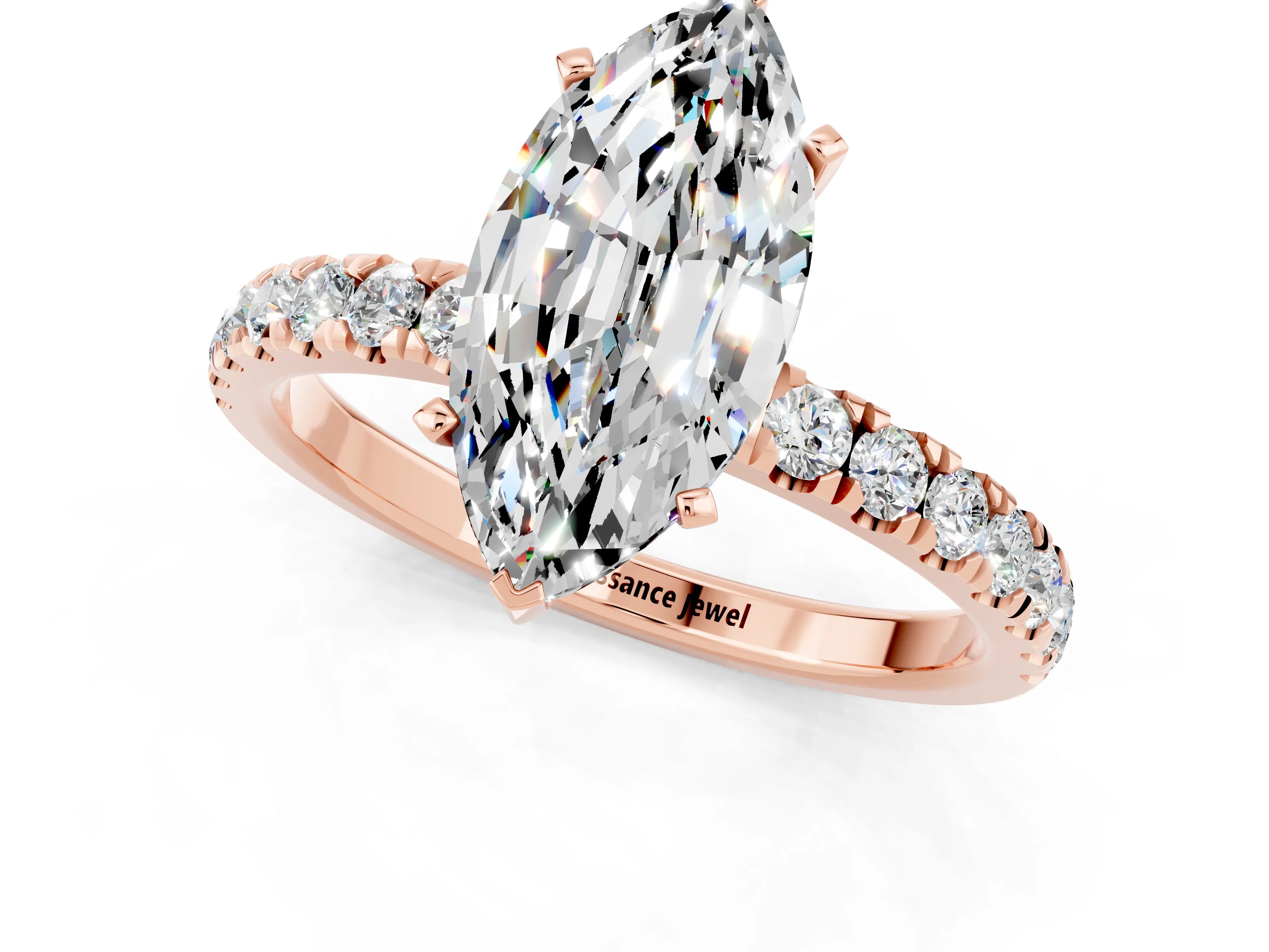 Rose gold Marquise Cut Moissanite Solitaire Ring with Pavé Accents and Four-Prong Setting_1