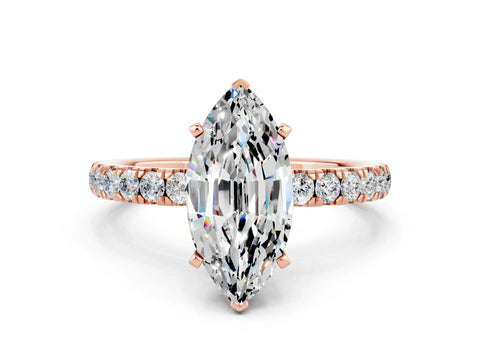 Rose gold Marquise Cut Moissanite Solitaire Ring with Pavé Accents and Four-Prong Setting